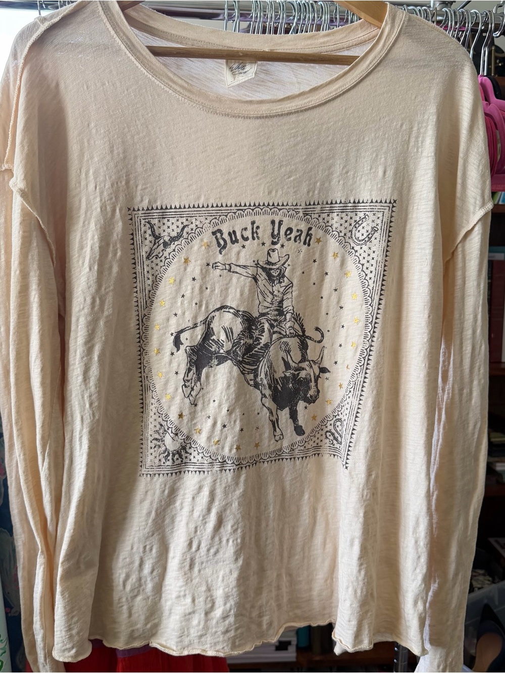 White Crow Long-Sleeve Graphic Tee in Cream - Buck Rodeo Design Size Large